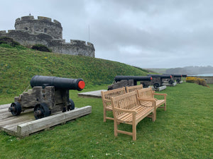 2023-03-12-Rochester bench 5ft in teak wood, St Mawes Castle