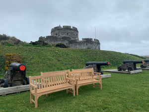 2023-03-12-Rochester bench 5ft in teak wood, St Mawes Castle