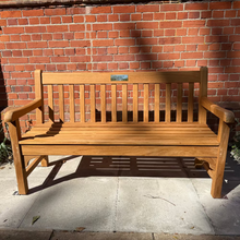 Load image into Gallery viewer, FSC certified teak Chester 3 seater memorial bench with brass plaque and installation into pavings slabs