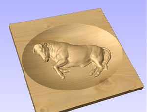 3d image of a bull carved on a memorial bench