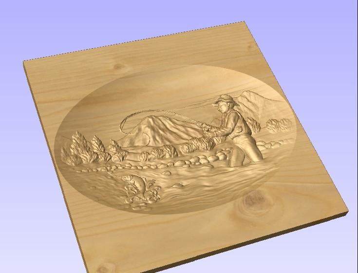 3d fisherman scene carved into wood