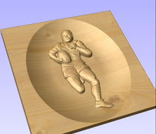 Load image into Gallery viewer, 3d rugby player engraved into wood on a memorial bench