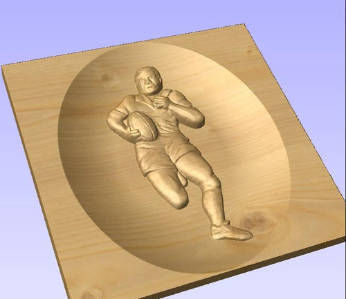 3d rugby player engraved into wood on a memorial bench
