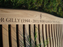 Load image into Gallery viewer, Musical note symbol &quot;Treble Clef&quot; carved into wood on memorial bench - 4mb1550