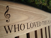 Load image into Gallery viewer, Musical note symbol &quot;Treble Clef&quot; carved into wood on memorial bench - 4mb1550