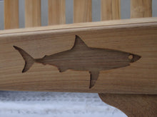 Load image into Gallery viewer, Shark symbol carved into wood on a memorial bench - 4mb1530