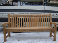 Load image into Gallery viewer, Shark symbol carved into wood on a memorial bench - 4mb1530