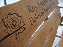 Load image into Gallery viewer, Rustic oak memorial bench with an engraved rose image