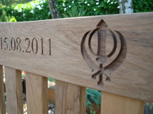 Load image into Gallery viewer, Khanda symbol on a memorial bench