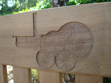 Load image into Gallery viewer, Steam engine carved into wood on a memorial bench - 4mb1897