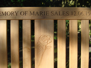 Kenilworth memorial bench with an engraved rose