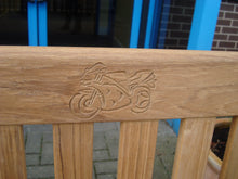 Load image into Gallery viewer, sports motorbike carved into wood on memorial bench - 4mb2071