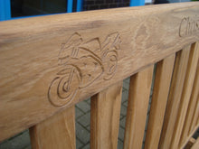 Load image into Gallery viewer, sports motorbike carved into wood on memorial bench - 4mb2071