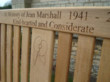 Load image into Gallery viewer, British legion poppy carved into wood on memorial bench - 4mb2890