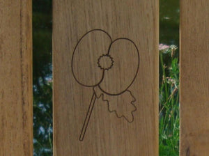 British Legion poppy carved into the wood on a memorial bench - 4mb3099