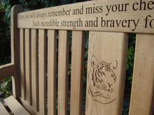 Load image into Gallery viewer, memorial bench with tiger carved into wood-4mb3286