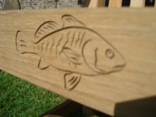 Load image into Gallery viewer, memorial bench with Fish symbol carved into wood - 4mb3663