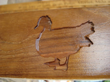Load image into Gallery viewer, memorial bench with a Muscovy duck silhouette carved into wood - 4mb3703