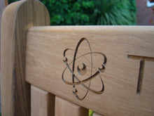 Load image into Gallery viewer, memorial bench with Atom symbol carved into wood - 4mb3706