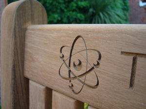 memorial bench with Atom symbol carved into wood - 4mb3706