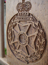 Load image into Gallery viewer, British Army The Royal Green Jackets insignia carved into wood on a memorial bench