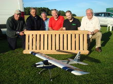 Load image into Gallery viewer, memorial bench with the classic British icon the &quot;spitfire&quot; carved into wood - 4mb3750