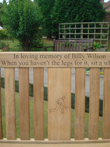 memorial bench with bowls player carved into wood - 4mb3863