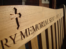 Load image into Gallery viewer, Christian cross symbol carved into wood on memorial bench - 4mb2146