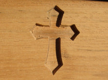 Load image into Gallery viewer, Christian cross symbol carved into wood on memorial bench - 4mb2146