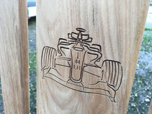 Load image into Gallery viewer, memorial bench with racing car carved into the wood - 4mb4096