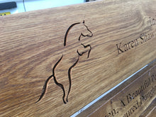 Load image into Gallery viewer, memorial bench with horse, on its hind legs, carved into wood - 4mb4083