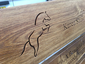 memorial bench with horse, on its hind legs, carved into wood - 4mb4083