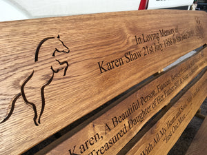 memorial bench with horse, on its hind legs, carved into wood - 4mb4083