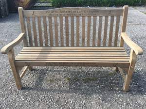 Lily engraved on Warwick teak memorial bench