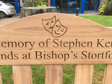 Load image into Gallery viewer, memorial bench with theatre masks symbol carved into wood 4mb4980