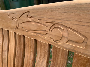 Racing car engraved on Windsor teak memorial bench