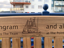 Load image into Gallery viewer, Trawler image carved on memorial bench