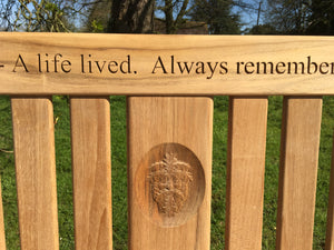 Green man face 3d wood carving into memorial bench - 4mb4222