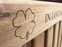 Load image into Gallery viewer, memorial bench with 4 leaf clover carved into wood-4mb4332
