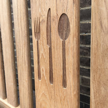 Load image into Gallery viewer, memorial bench with symbol of knife, fork and spoon carved into wood - 4mb4353