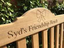 Load image into Gallery viewer, memorial bench with a symbol of a Bow carved into wood - 4mb4411