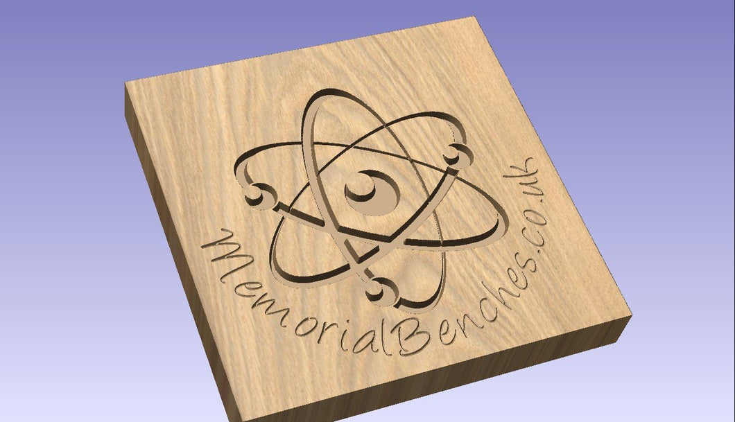 Atom logo carved into wood