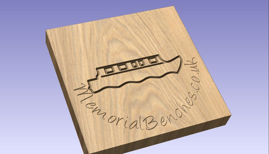 Canal boat carved into wood on a memorial bench