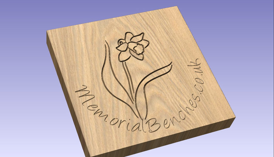 Daffodil carving into wood on a memorial bench