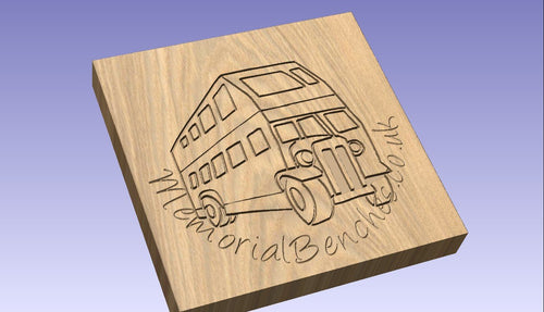 Double decker London bus carved on a memorial bench