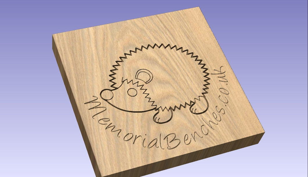 Hedgehog engraved into wood on a memorial bench