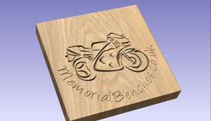 Motorbike carved on a memorial bench