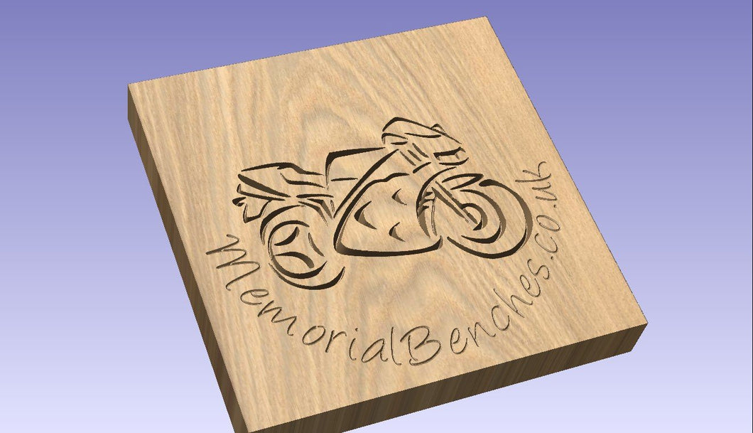 Motorbike carved on a memorial bench