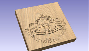 Racing car on a memorial bench