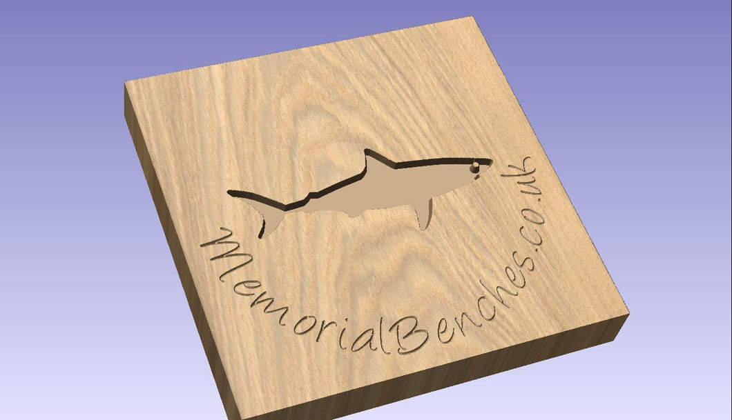 Shark engraved into wood on a memorial bench